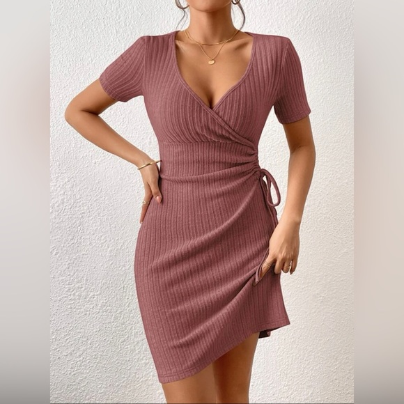 SHEIN Rose Wrapped Ribbed Dress - Picture 2 of 6